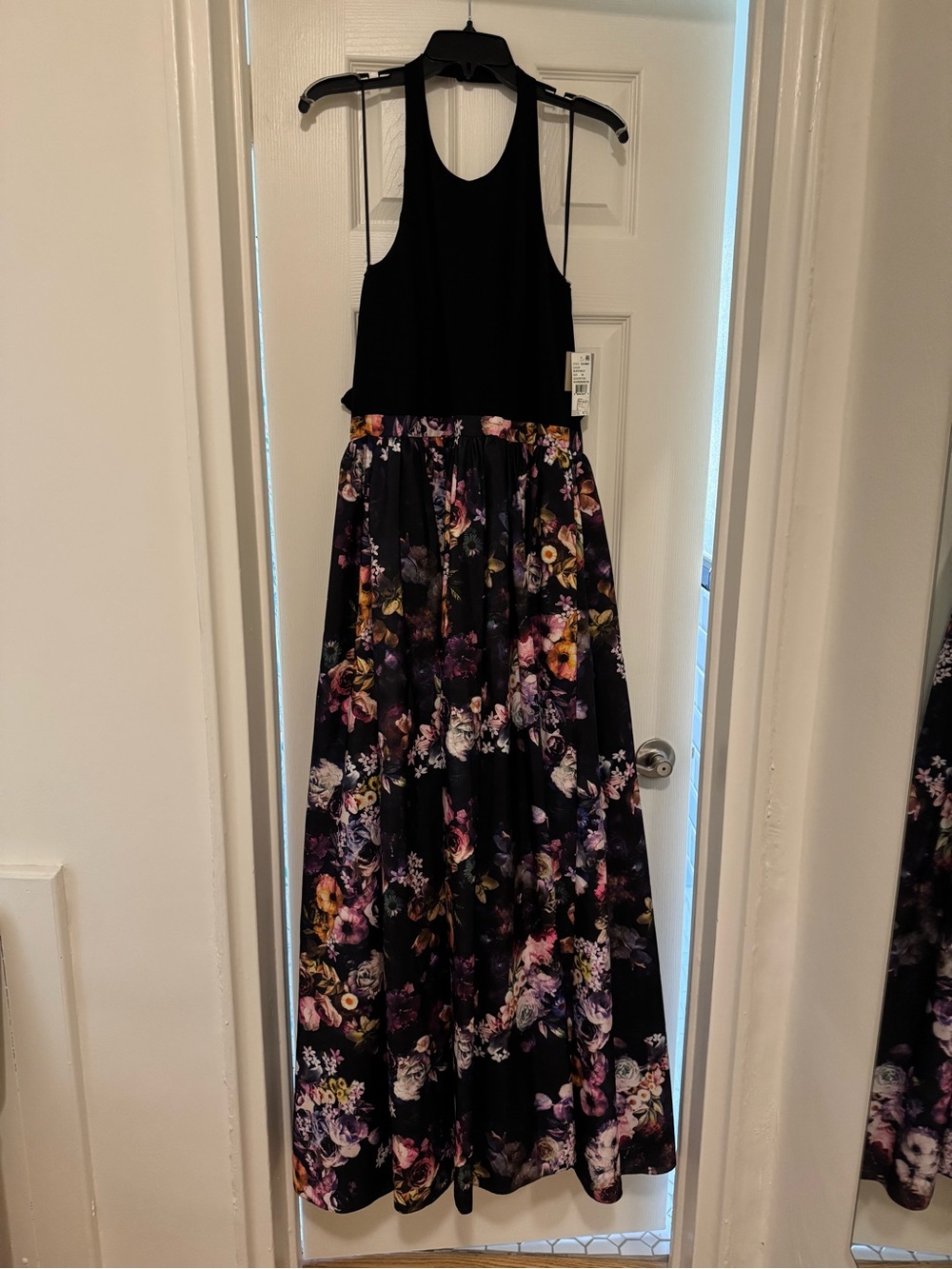 Aidan Mattox Black Halter Top with Floral Maxi Skirt